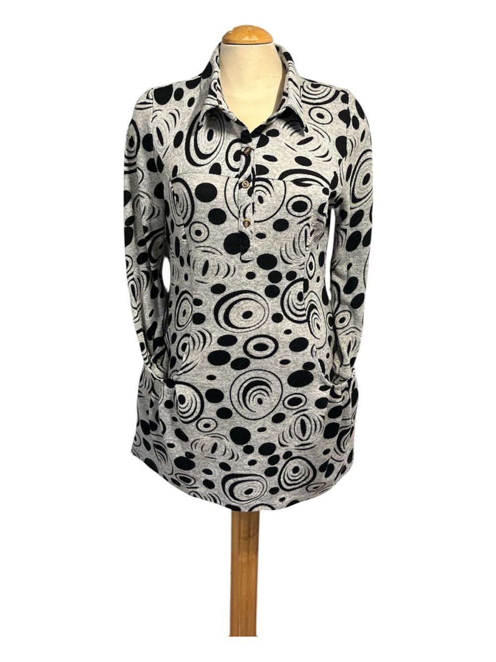 PAPILLON 🇨🇦 Collared Knit Tunic Dress SIZE Medium Grey Black White Pockets